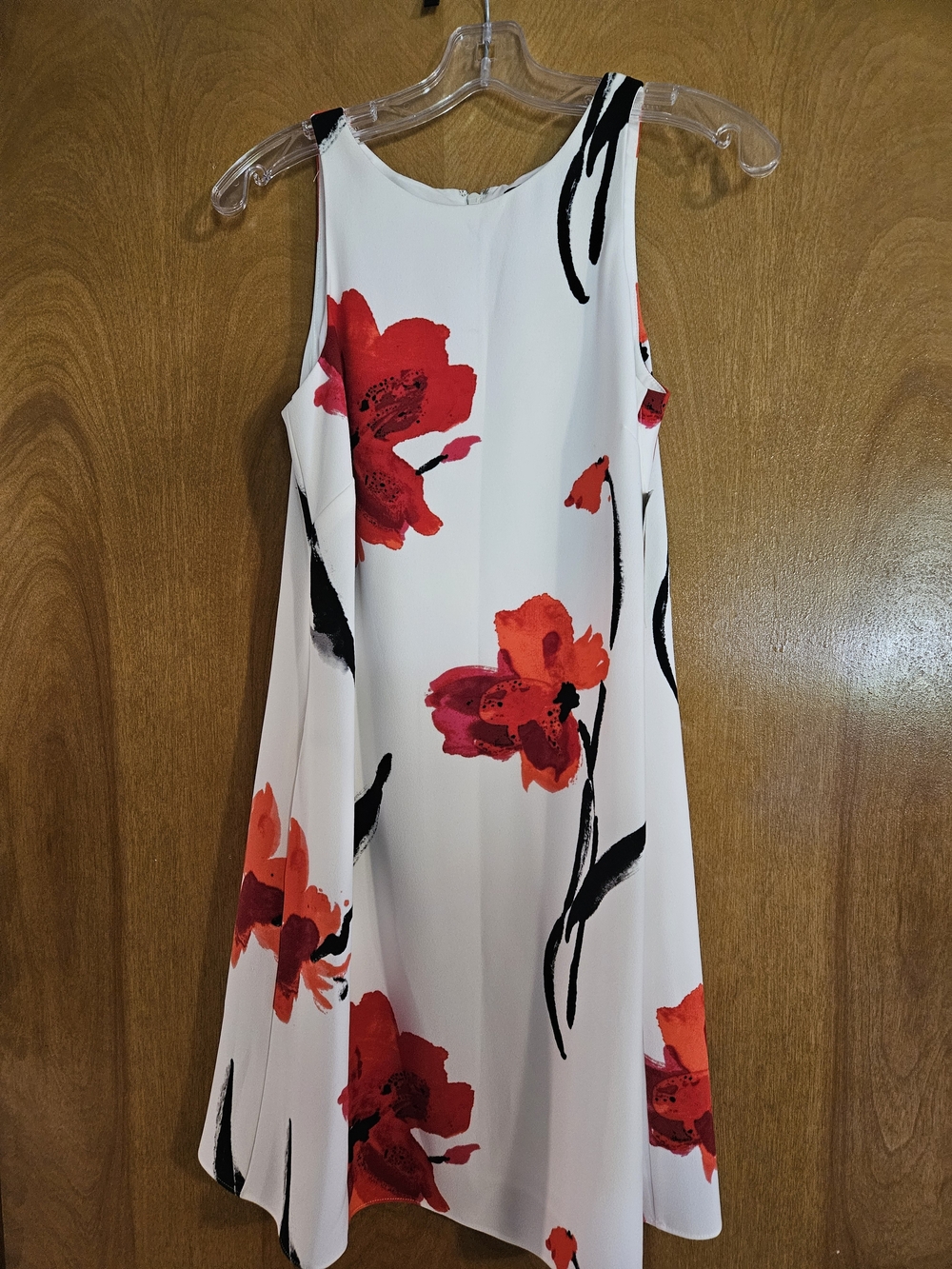 Lauren Ralph Lauren White Midi Dress with Red Floral Print and Black Accents
